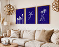 Colourful Prints | Deep Blue Beach Prints Set | Palm Trees, Starfish Art (Set of 3) wall art print, modern home decor, unframed artwork by Nomad & Nest