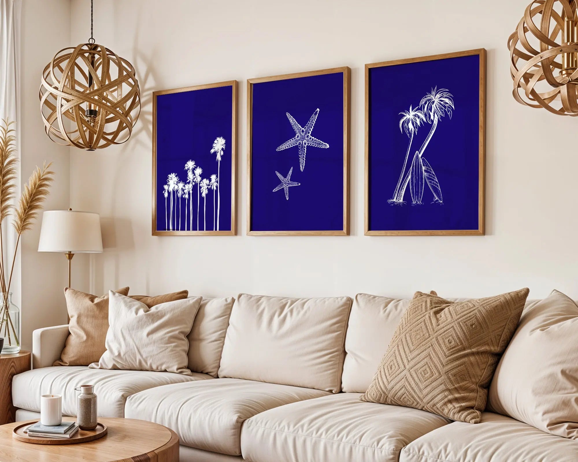 Colourful Prints | Deep Blue Beach Prints Set | Palm Trees, Starfish Art (Set of 3) wall art print, modern home decor, unframed artwork by Nomad & Nest