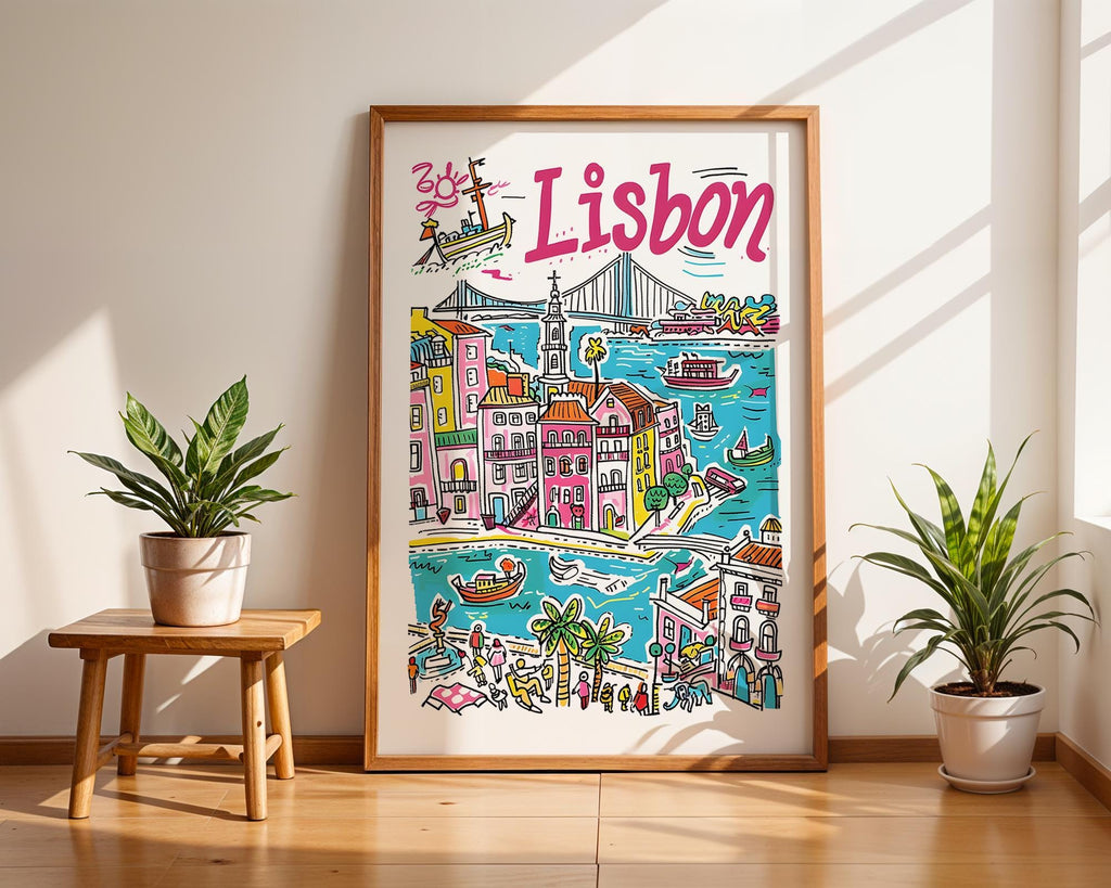 Colorful Lisbon Portugal Travel Poster | Cityscape Wall Art Print wall art print, modern home decor, unframed artwork by Nomad & Nest