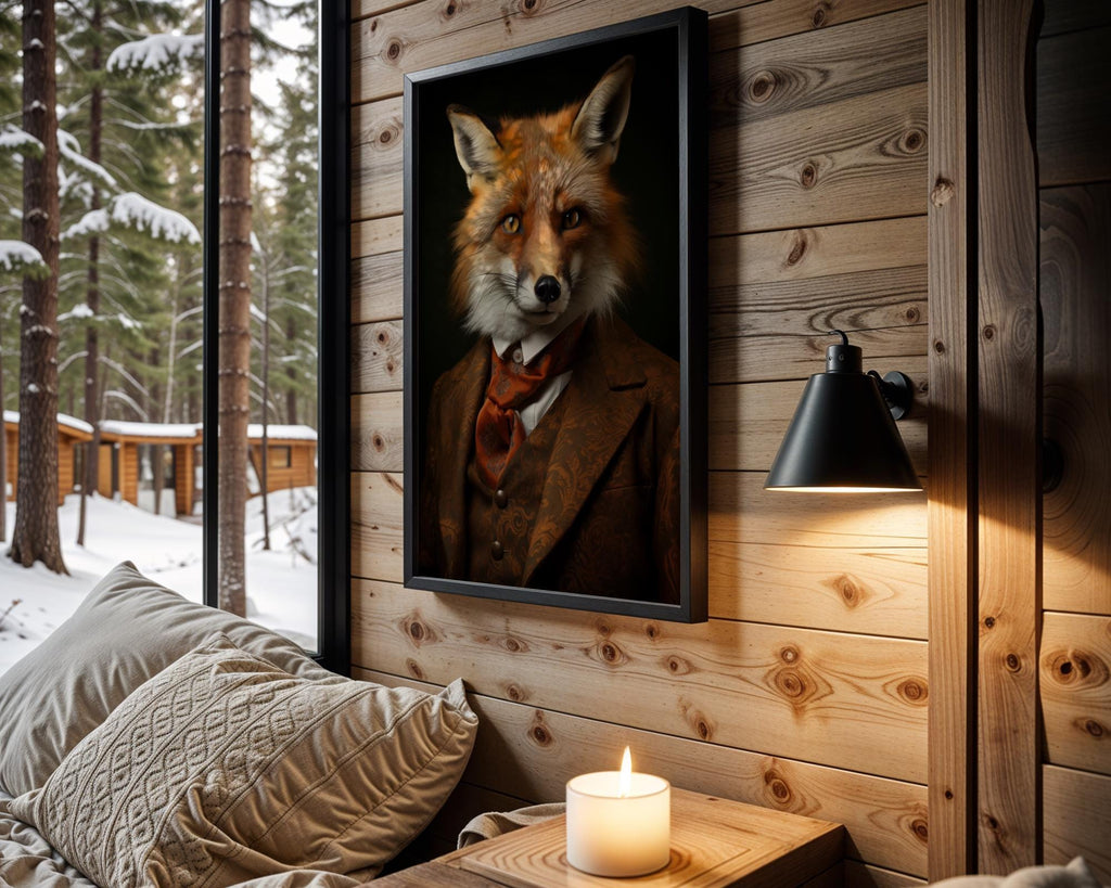 Red Fox Portrait | Vintage Gentleman Animal Wall Art with Autumn Scarf and Ornate Suit wall art print, modern home decor, unframed artwork by Nomad & Nest