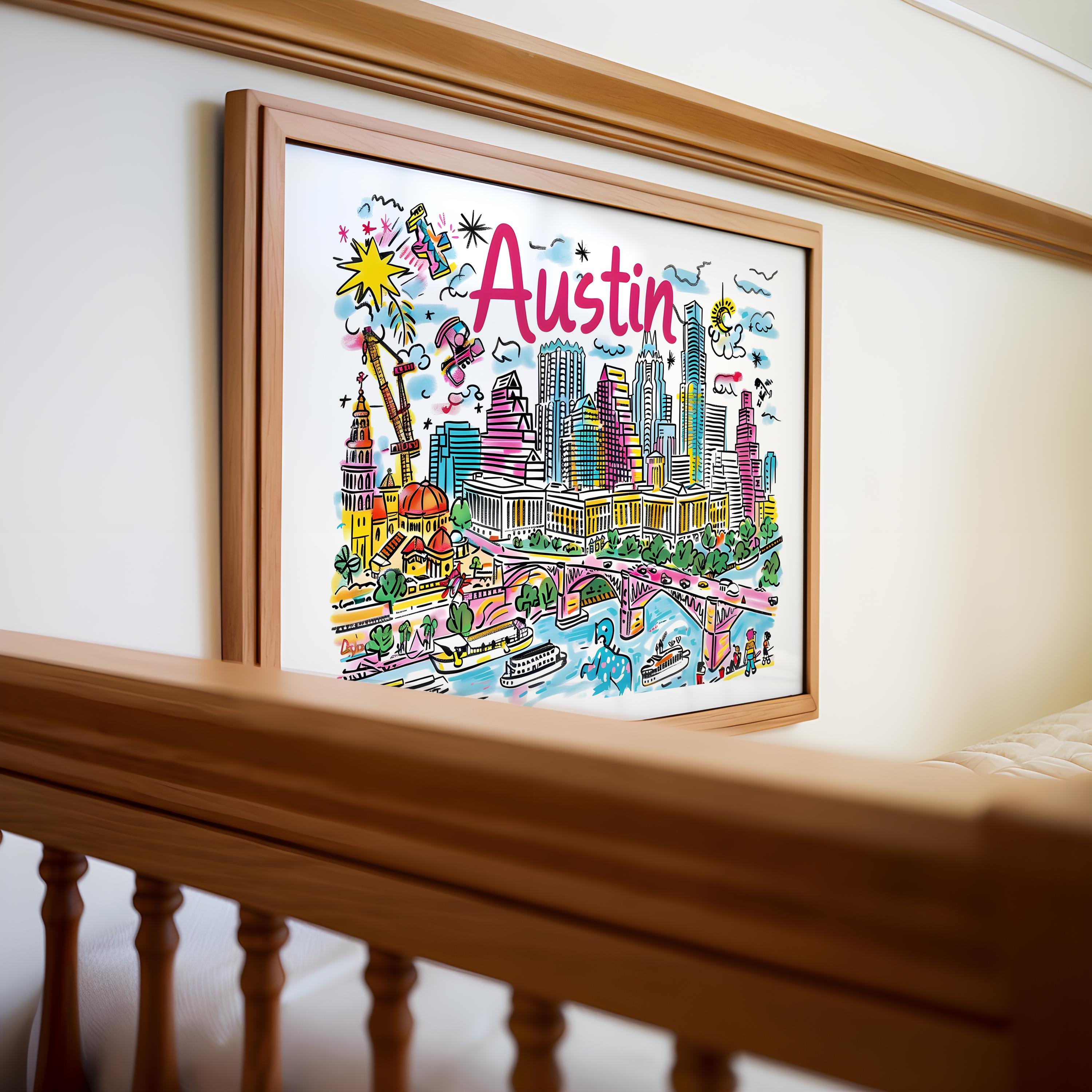 Austin Texas Cityscape Art Print | Colorful Travel Poster wall art print, modern home decor, unframed artwork by Nomad & Nest