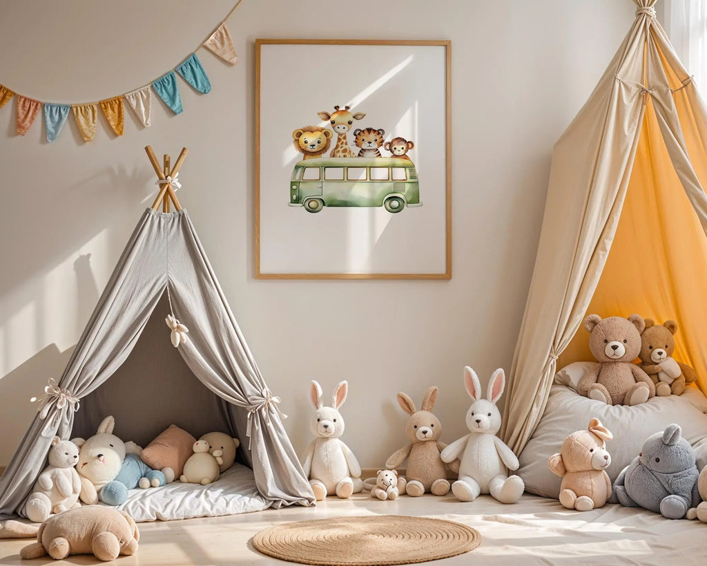 Playroom Ideas | Safari Animal Bus Nursery Wall Art Jungle Adventure Print wall art print, modern home decor, unframed artwork by Nomad & Nest