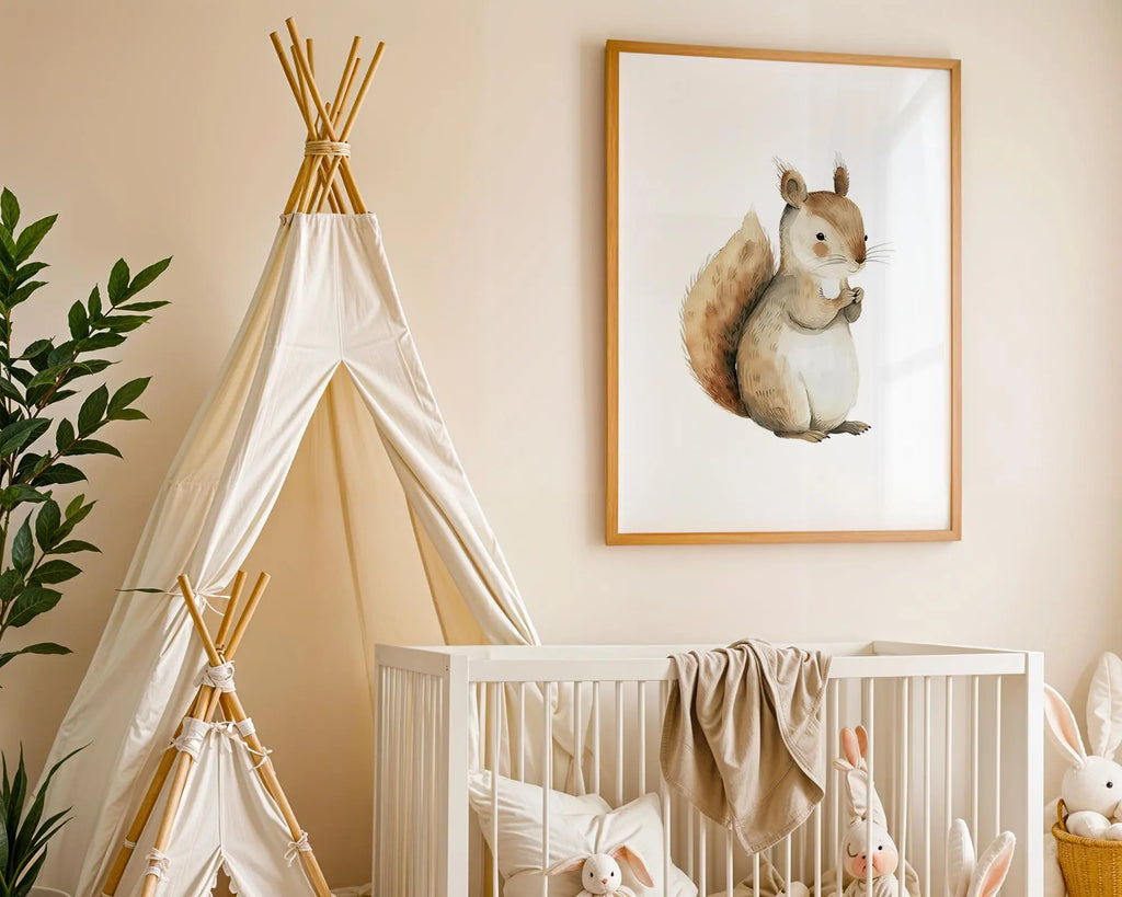 Playroom Ideas | Squirrel Nursery Wall Art | Woodland Animal Baby Illustration wall art print, modern home decor, unframed artwork by Nomad & Nest
