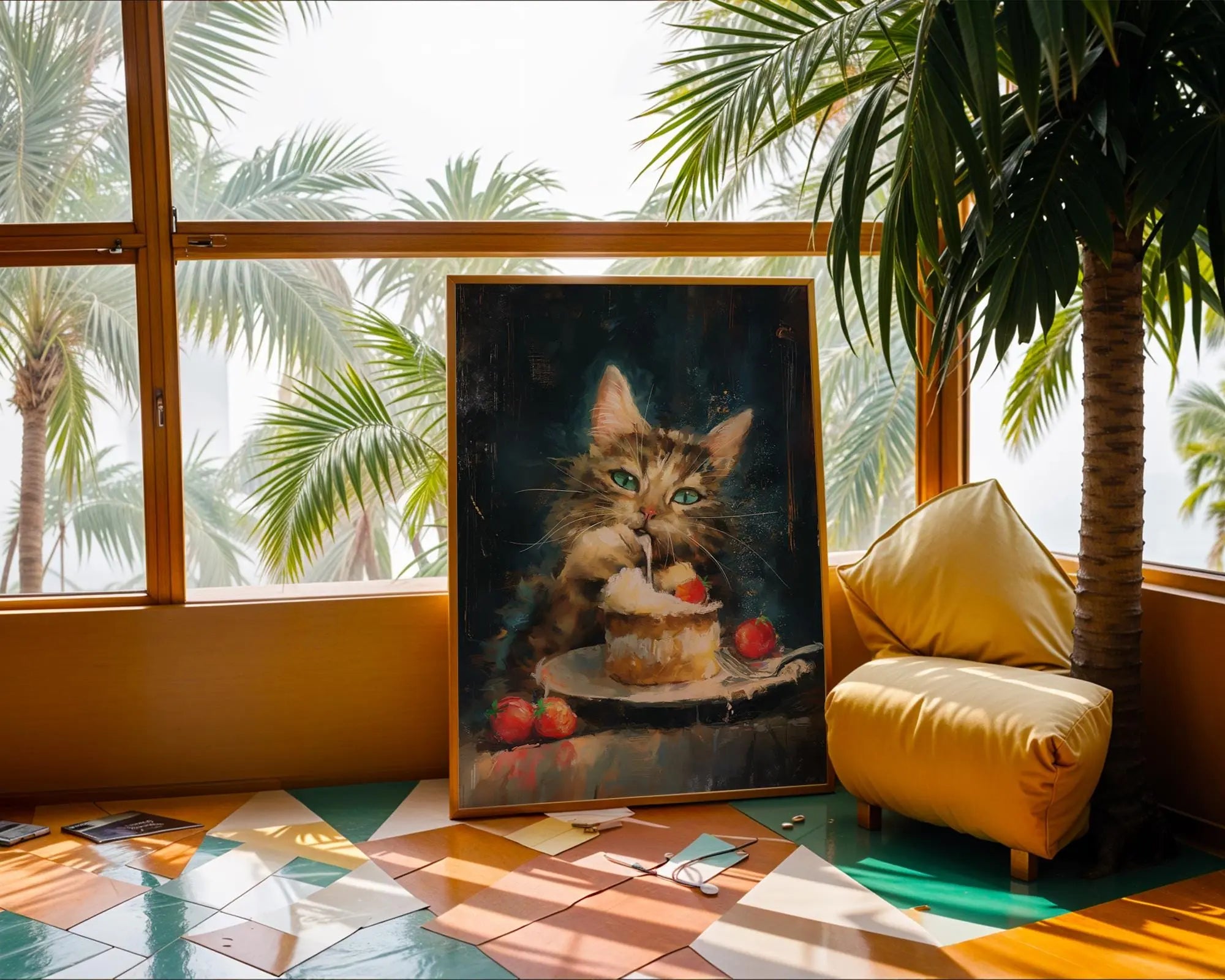 Kitten Eating Cake Art Print | Whimsical Dark Academia Decor wall art print, modern home decor, unframed artwork by Nomad & Nest