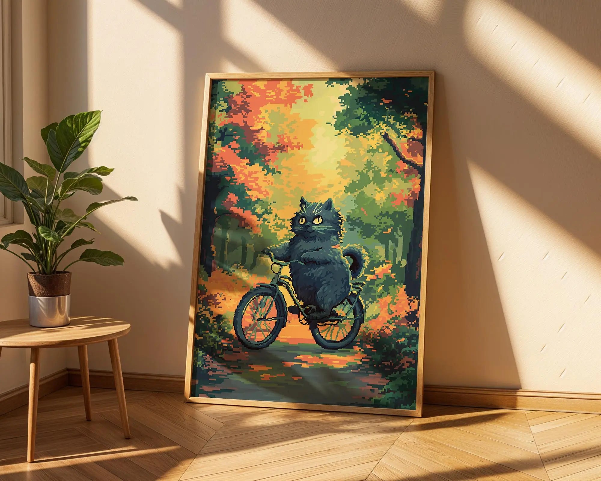 Cat Riding Bicycle Art Print | Whimsical Autumn Decor wall art print, modern home decor, unframed artwork by Nomad & Nest
