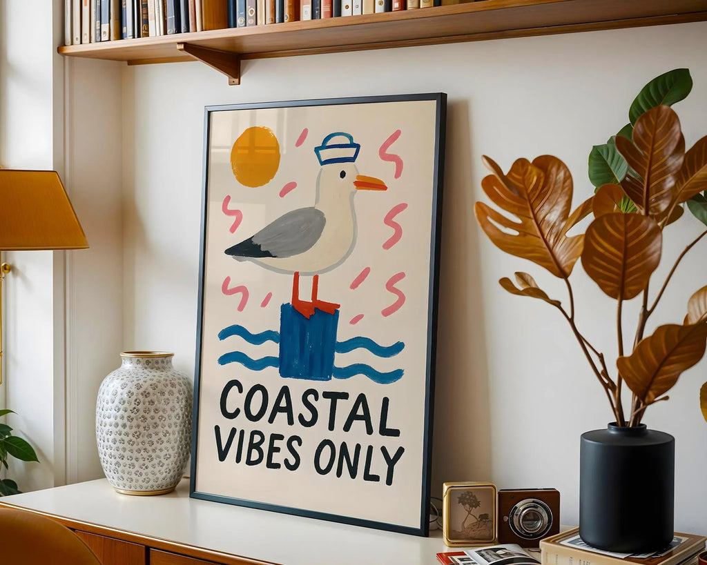 Positive Emotion | Coastal Vibes Only Wall Art | Playful Seagull Illustration | Beach House Deco wall art print, modern home decor, unframed artwork by Nomad & Nest