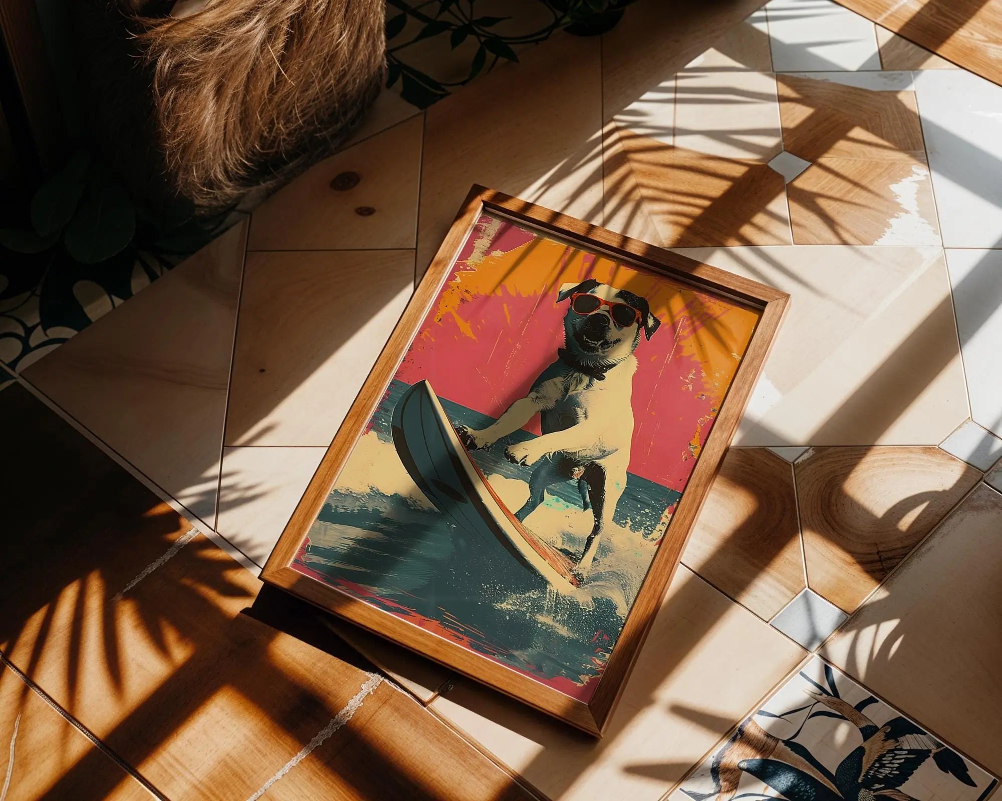 Modern Pop Art | Surfing Dog  Print | Retro Beach Poster, Coastal Decor wall art print, modern home decor, unframed artwork by Nomad & Nest
