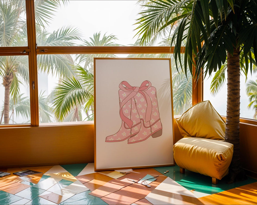 Pink Daisy Cowboy Boots Print | Girly Western Wall Art wall art print, modern home decor, unframed artwork by Nomad & Nest