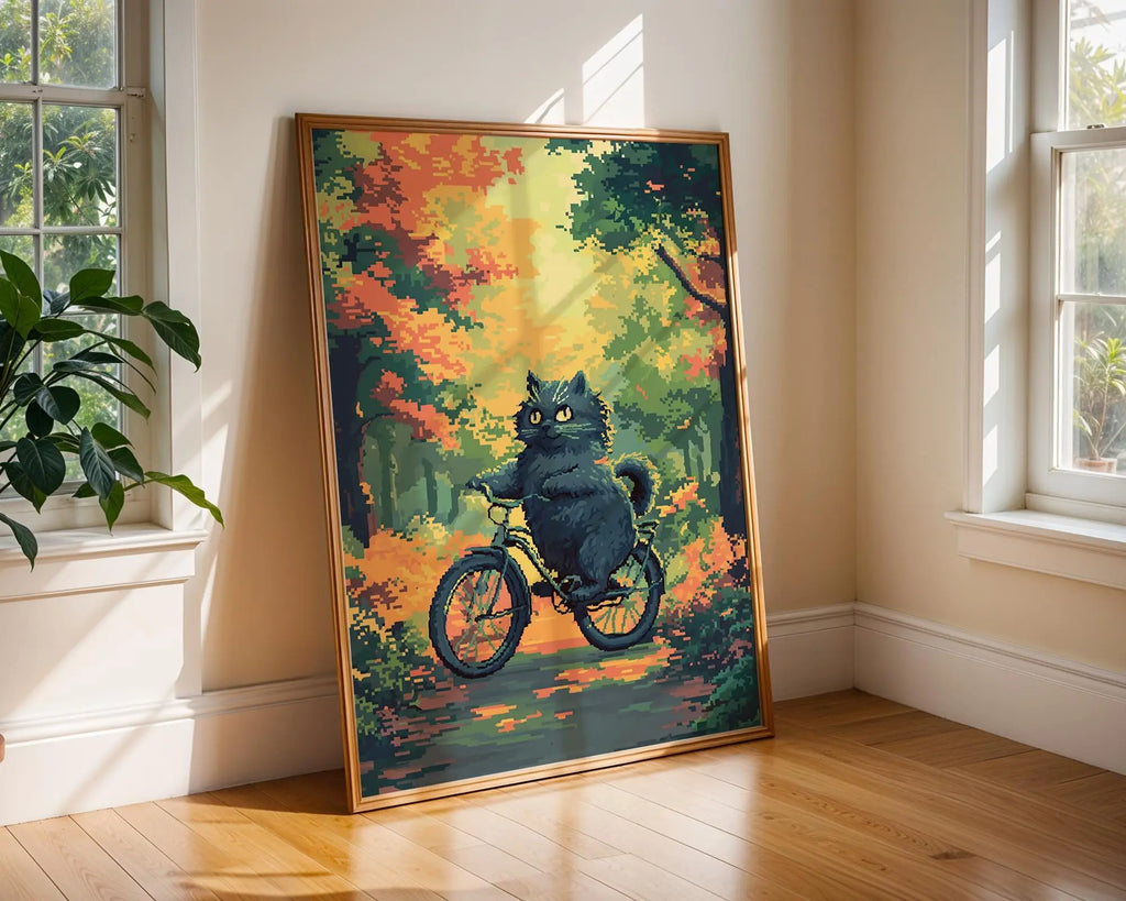 Cat Riding Bicycle Art Print | Whimsical Autumn Decor wall art print, modern home decor, unframed artwork by Nomad & Nest