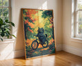 Cat Riding Bicycle Art Print | Whimsical Autumn Decor wall art print, modern home decor, unframed artwork by Nomad & Nest