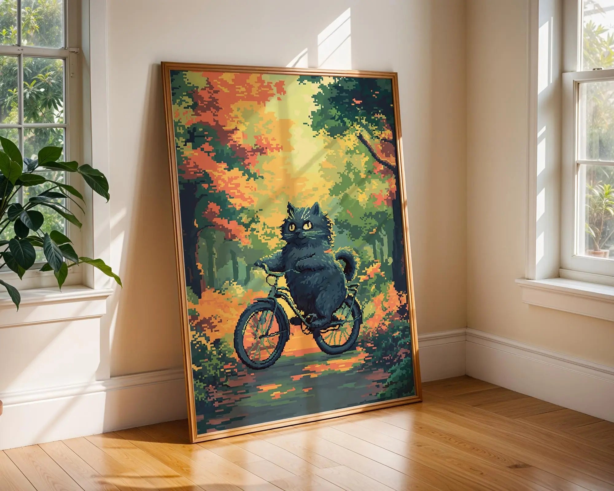 Cat Riding Bicycle Art Print | Whimsical Autumn Decor wall art print, modern home decor, unframed artwork by Nomad & Nest