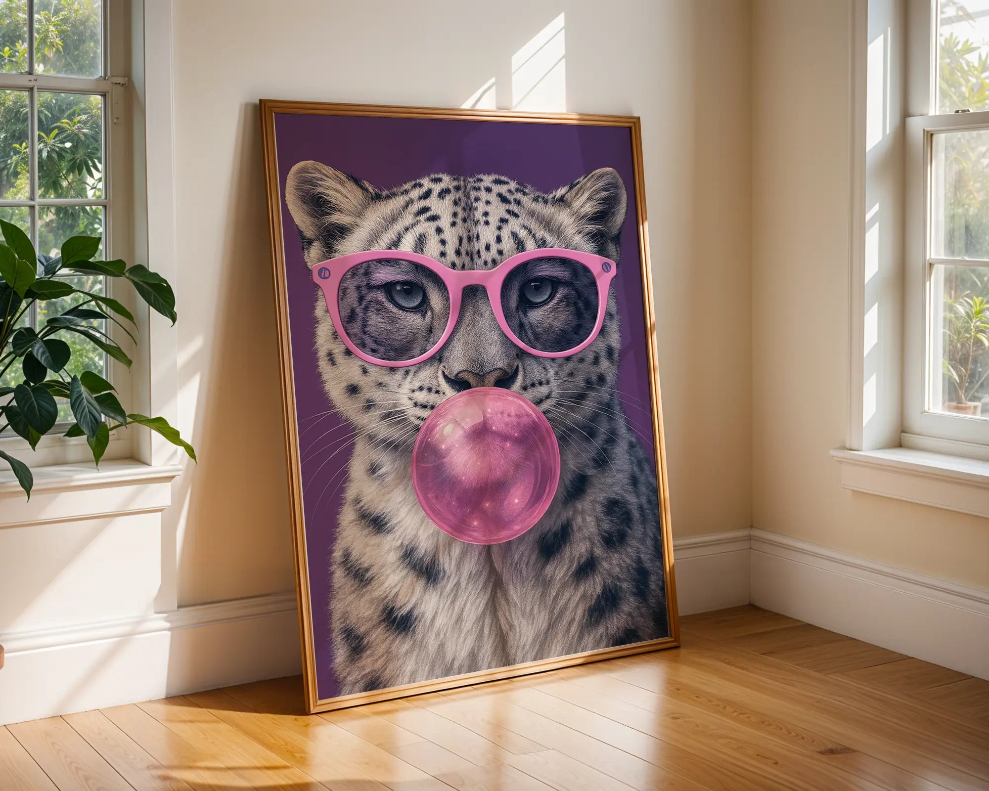 Colourful Prints | Snow Leopard Bubblegum Print | Funky Animal Art wall art print, modern home decor, unframed artwork by Nomad & Nest