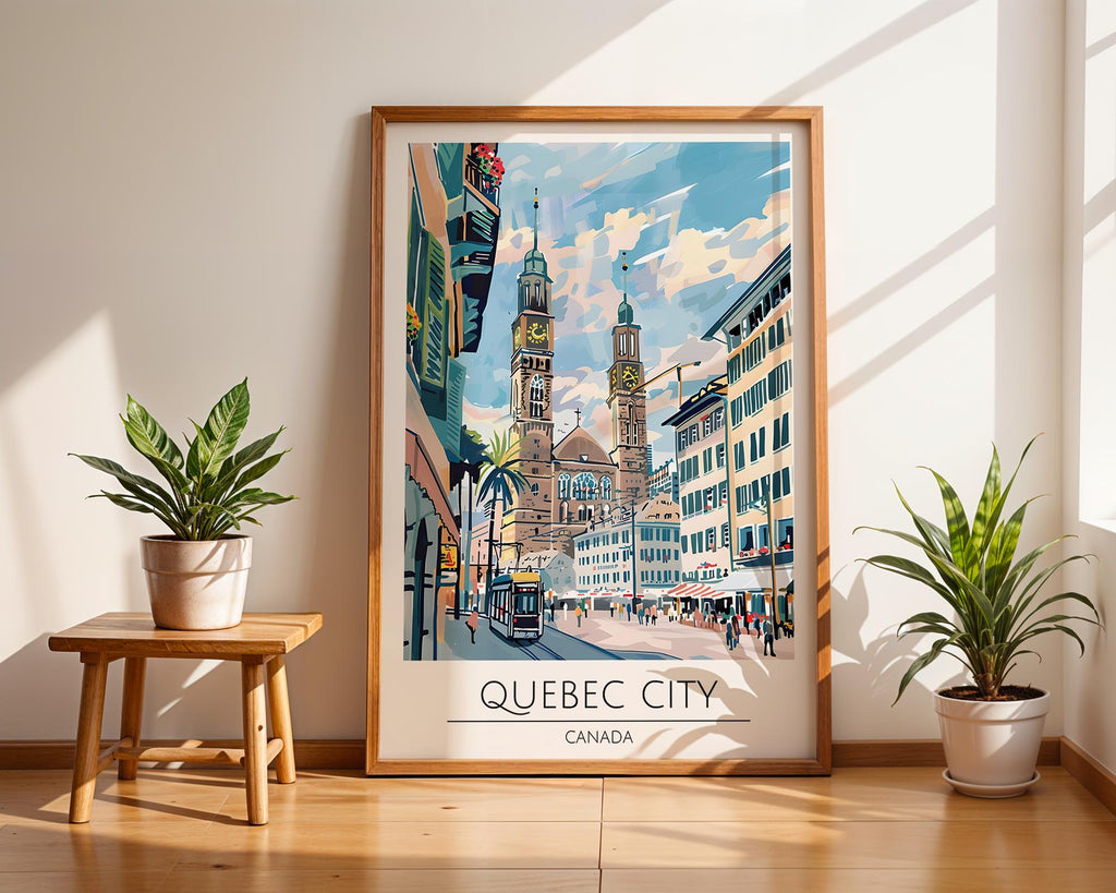 Quebec City Travel Poster | Colourful Canadian Cityscape Art wall art print, modern home decor, unframed artwork by Nomad & Nest