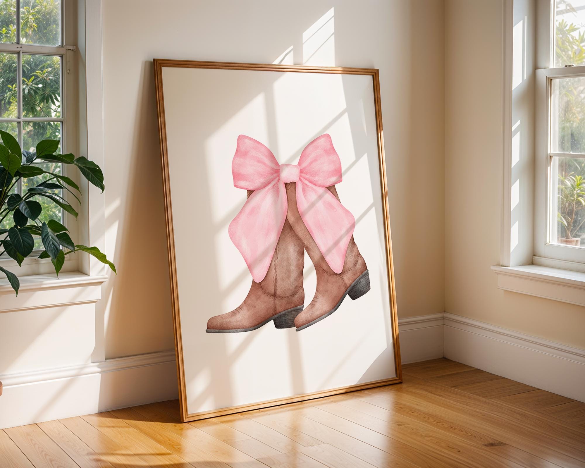 Watercolor Cowboy Boots Print | Pink Bow, Girly Western Decor wall art print, modern home decor, unframed artwork by Nomad & Nest