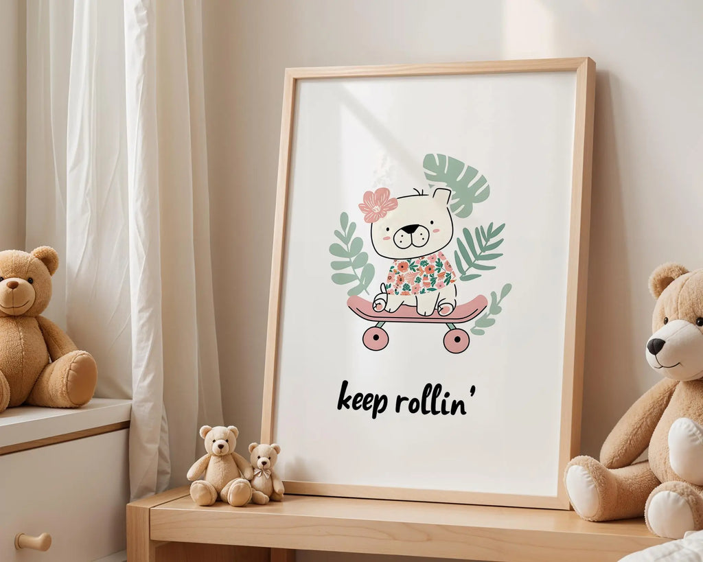 Playroom Ideas | Keep Rollin Nursery Wall Art | Boho Skate Bear Print wall art print, modern home decor, unframed artwork by Nomad & Nest