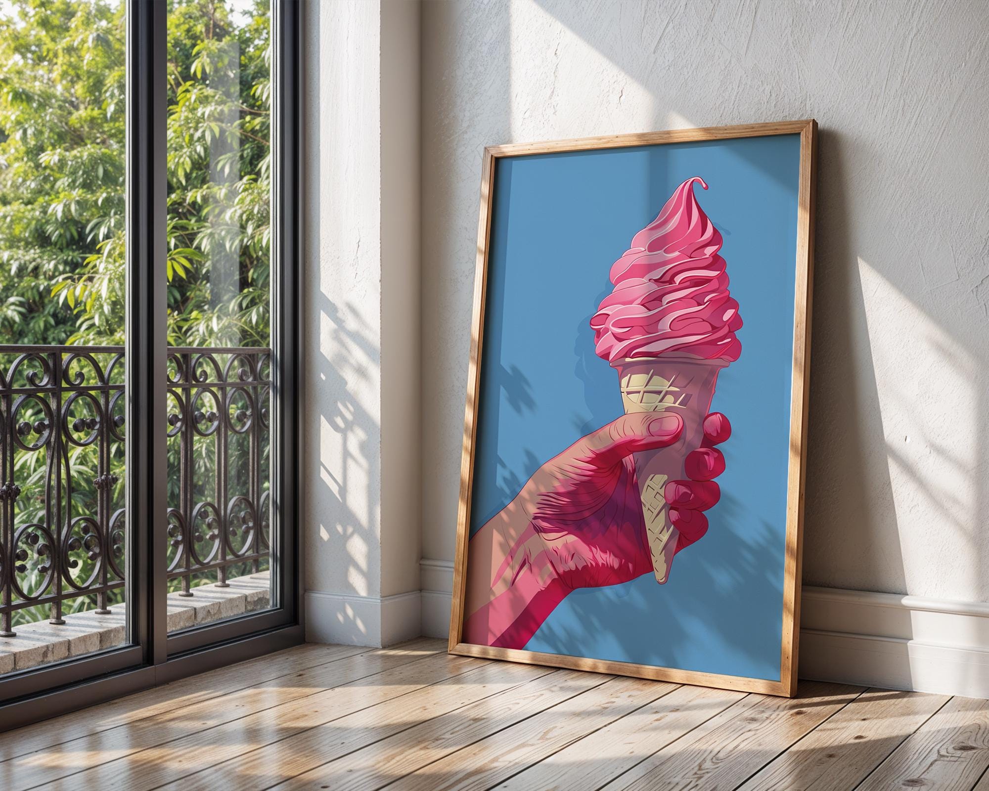 Colourful Prints | Pink Ice Cream Cone Art Print | Retro Summer Dessert Poster wall art print, modern home decor, unframed artwork by Nomad & Nest