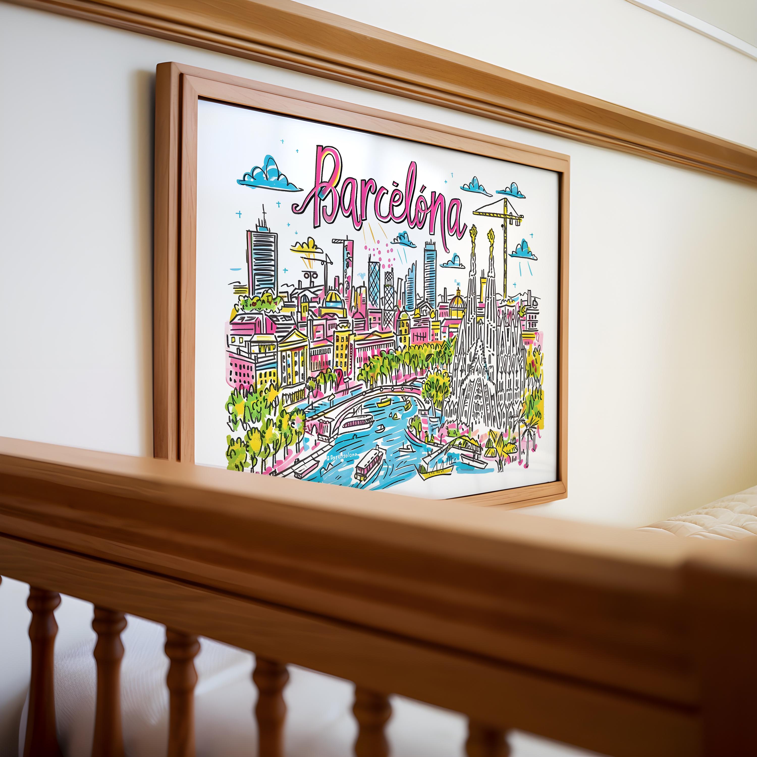 Barcelona Cityscape Poster | Colorful Sagrada Familia Art Print wall art print, modern home decor, unframed artwork by Nomad & Nest