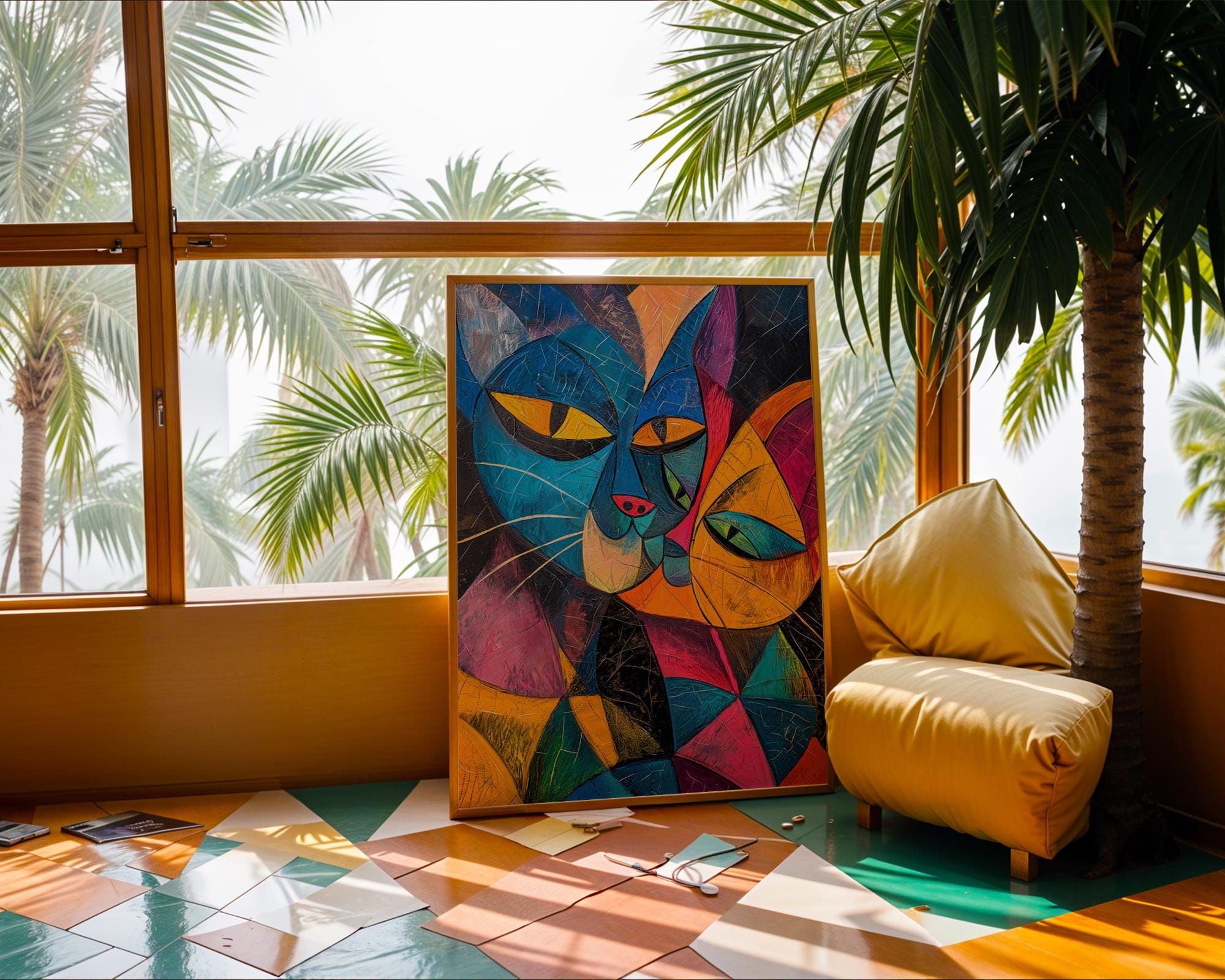Cubist Cat Art Print | Colourful Geometric Feline Home Decor wall art print, modern home decor, unframed artwork by Nomad & Nest