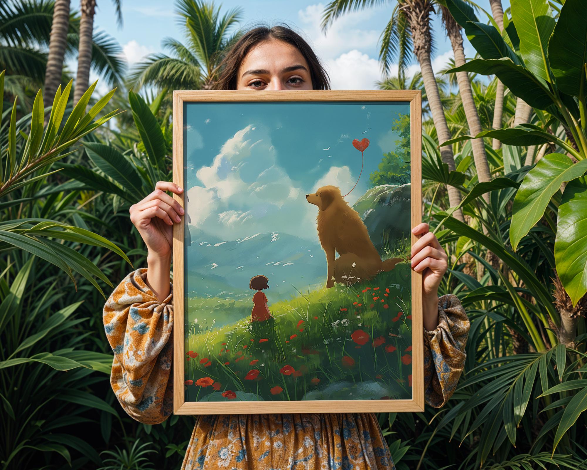 Girl and Dog Meadow Art Print | Whimsical Animal Illustration wall art print, modern home decor, unframed artwork by Nomad & Nest