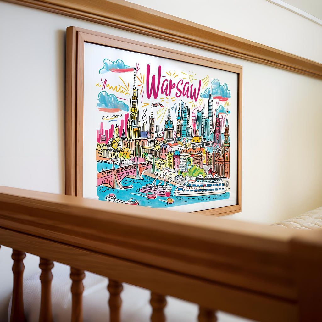 Warsaw Poland Travel Poster | Colorful Cityscape Art Print wall art print, modern home decor, unframed artwork by Nomad & Nest
