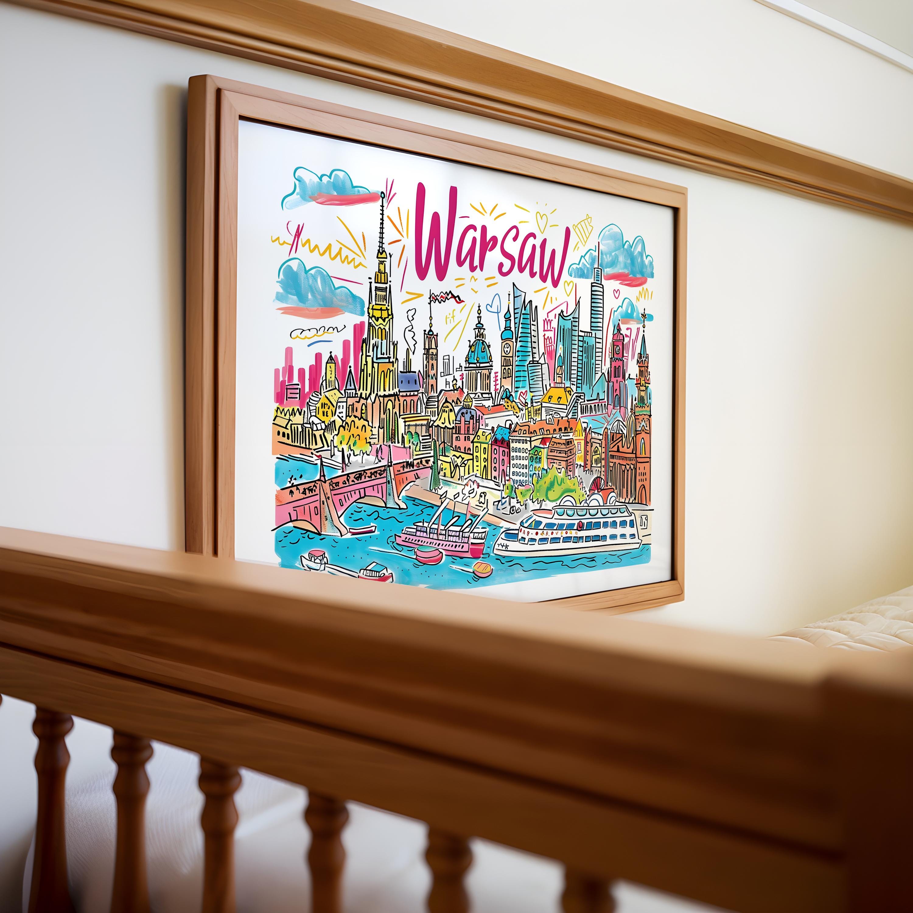 Warsaw Poland Travel Poster | Colorful Cityscape Art Print wall art print, modern home decor, unframed artwork by Nomad & Nest