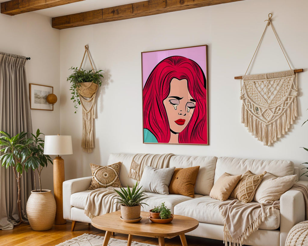 Modern Pop Art | Crying Woman Print | Retro Lichtenstein Style, Red Hair wall art print, modern home decor, unframed artwork by Nomad & Nest
