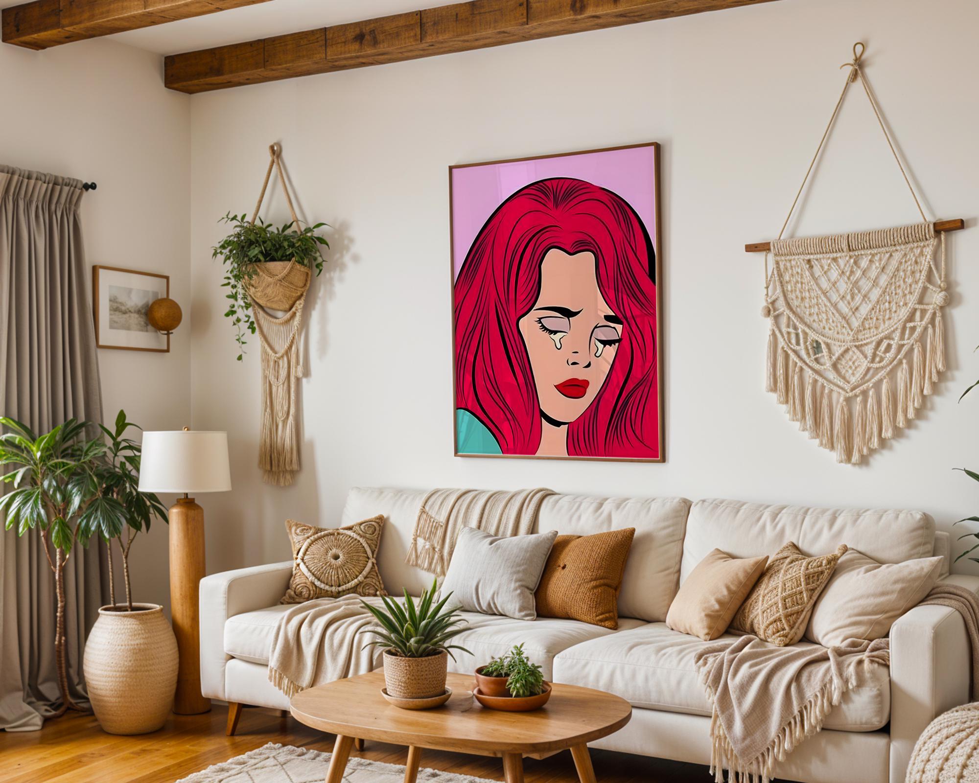 Modern Pop Art | Crying Woman Print | Retro Lichtenstein Style, Red Hair wall art print, modern home decor, unframed artwork by Nomad & Nest