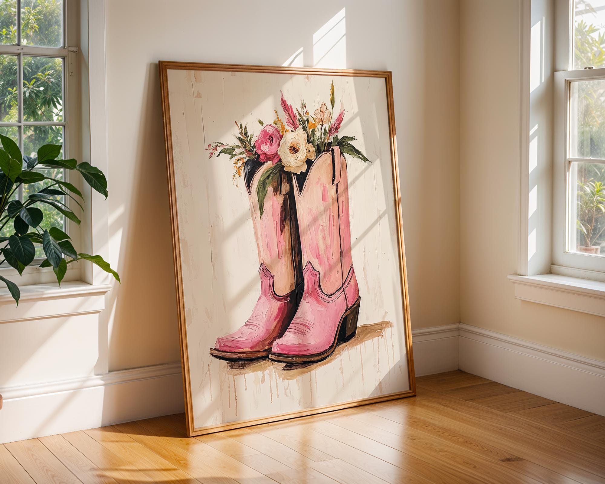 Pink Cowboy Boots with Flowers Print | Floral Western Wall Art wall art print, modern home decor, unframed artwork by Nomad & Nest