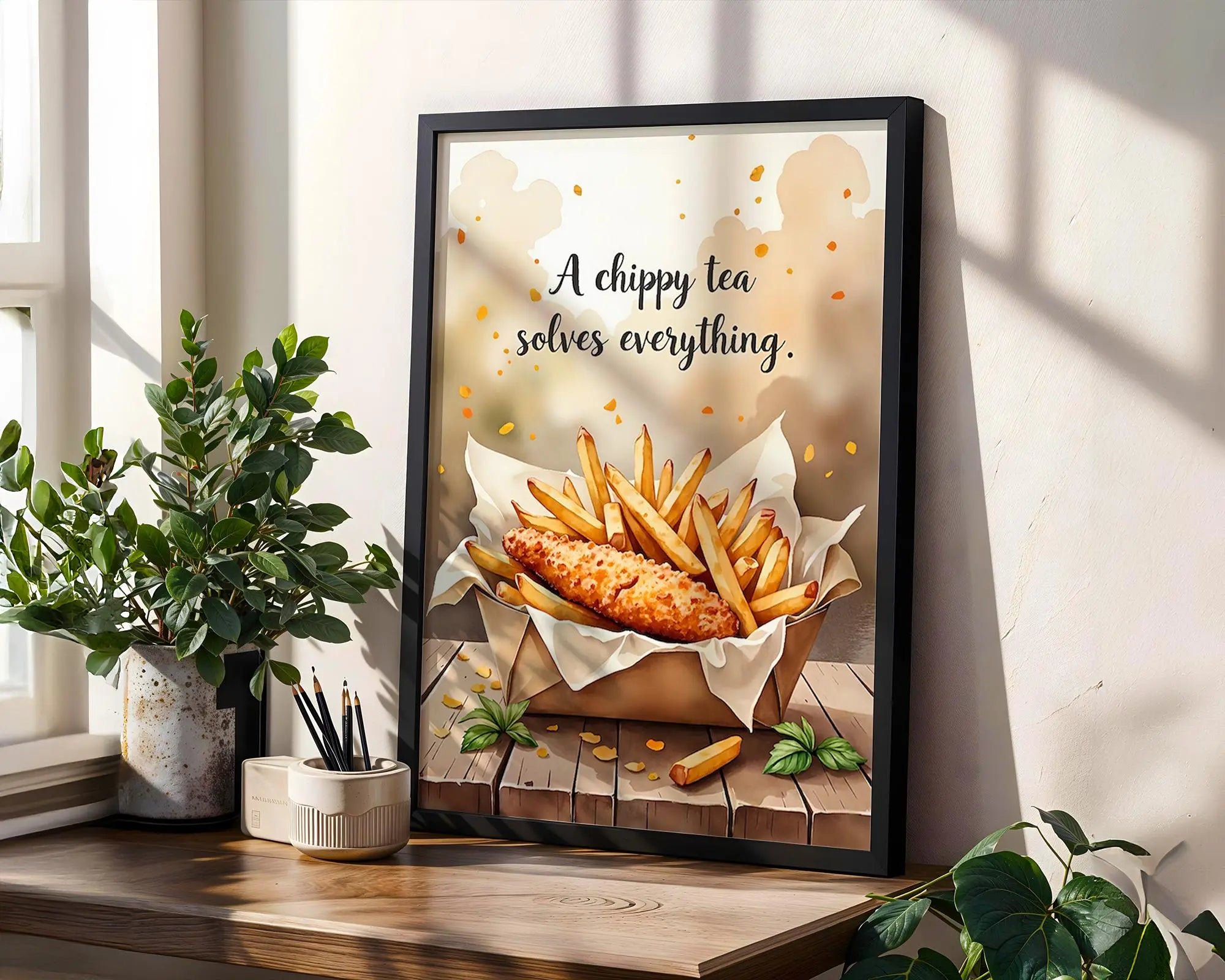 Positive Emotion | A Chippy Tea Solves Everything | Food Quote Art | British Comfort Wall Print wall art print, modern home decor, unframed artwork by Nomad & Nest
