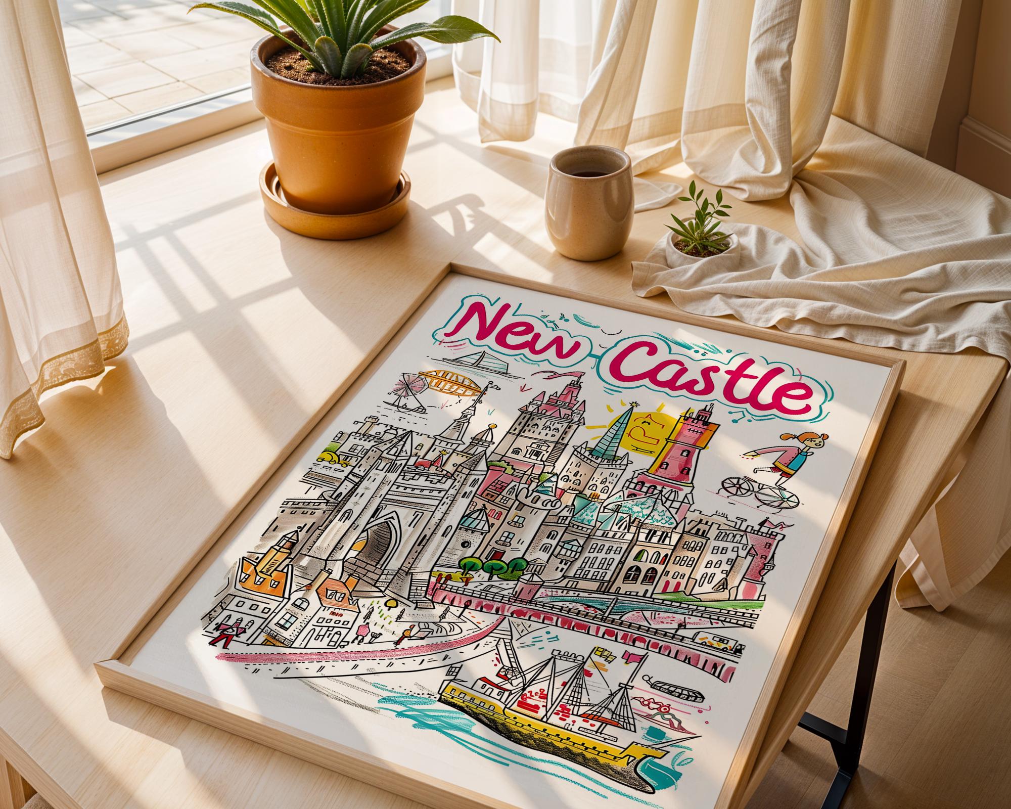 Newcastle Cityscape Art Print | Quirky England Travel Poster wall art print, modern home decor, unframed artwork by Nomad & Nest