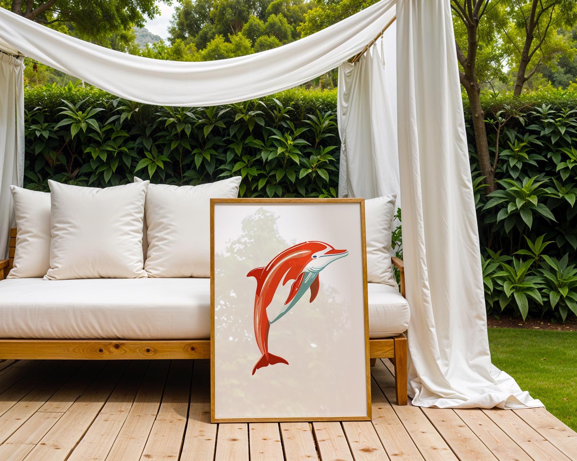 Red Dolphin Print | Playful Sea Mammal Wall Art wall art print, modern home decor, unframed artwork by Nomad & Nest