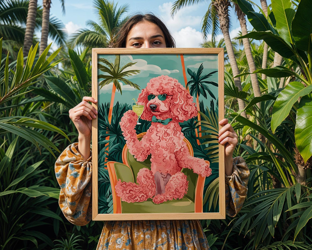 Colourful Prints | Pink Poodle Cocktail Art Print | Retro Tropical Dog Poster wall art print, modern home decor, unframed artwork by Nomad & Nest