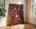 Colourful Prints | Bubblegum Tiger Print | Funky Animal Art with Pink Glasses wall art print, modern home decor, unframed artwork by Nomad & Nest