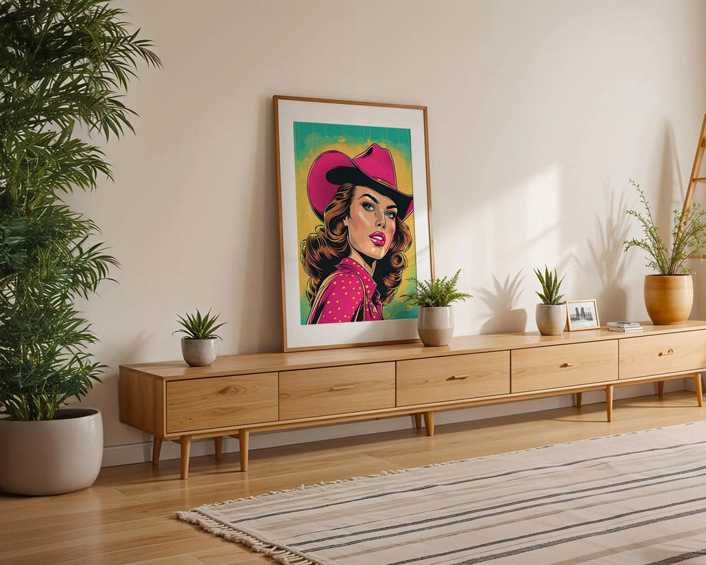 Modern Pop Art | Retro Cowgirl  Print | Pink Western Comic wall art print, modern home decor, unframed artwork by Nomad & Nest