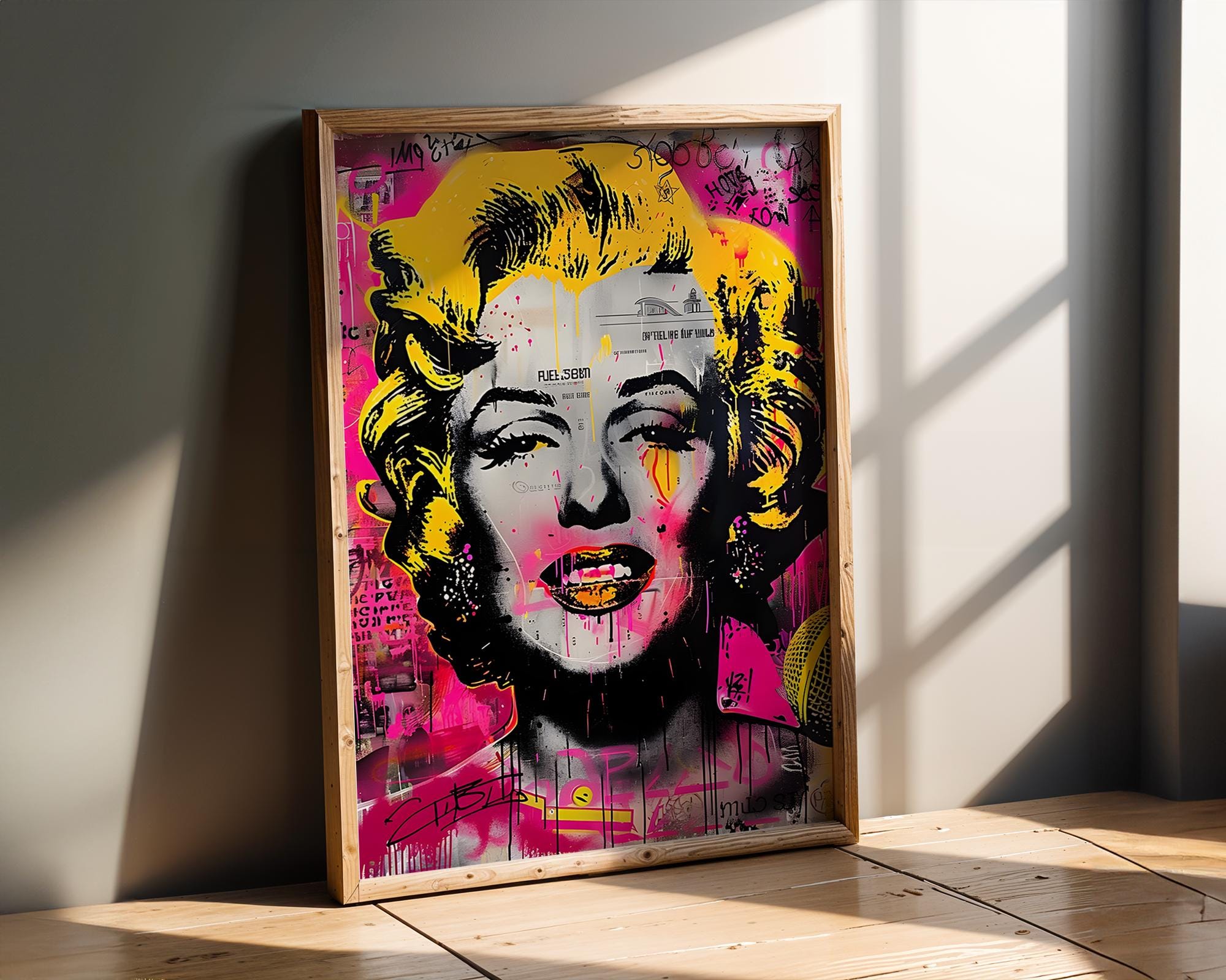 Modern Pop Art | Marilyn Monroe Graffiti Print | Pink & Yellow Portrait wall art print, modern home decor, unframed artwork by Nomad & Nest