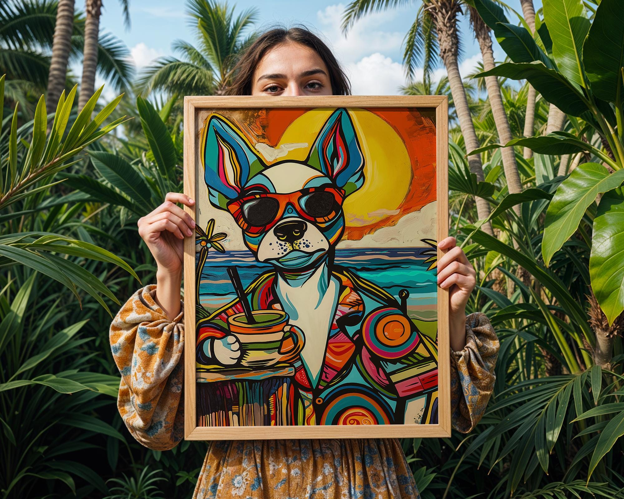 Boston Terrier Cocktail Art Print | Retro Summer Beach Poster wall art print, modern home decor, unframed artwork by Nomad & Nest