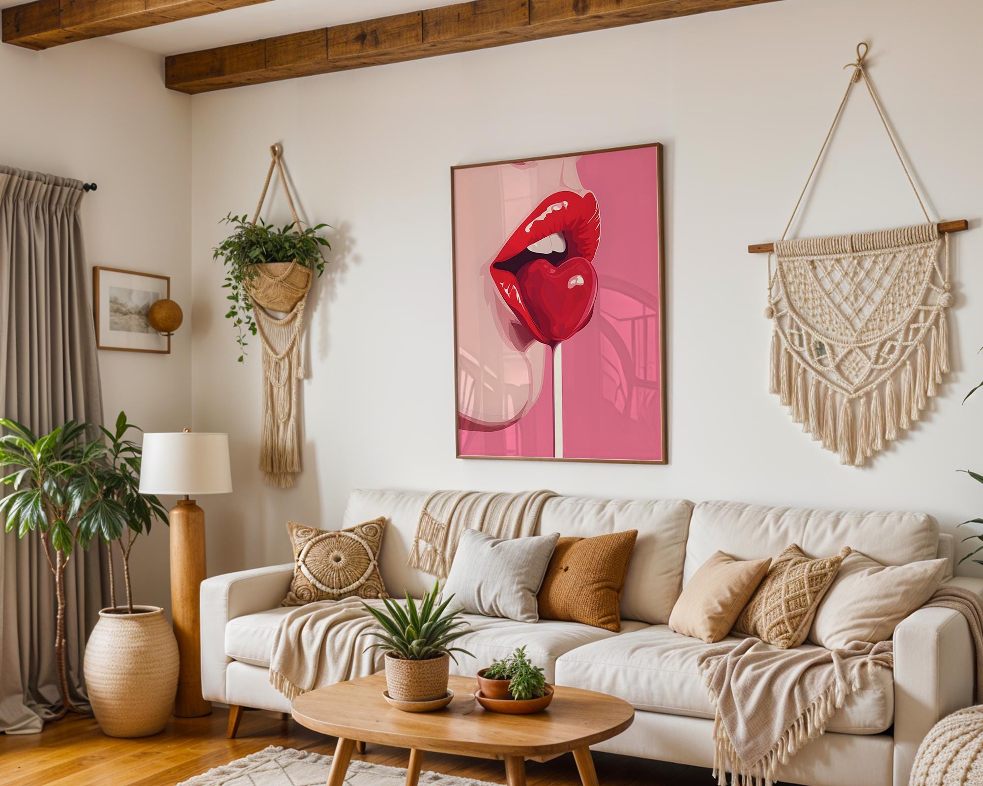 Modern Pop Art | Sexy Lips with Heart Lollipop Print | Bold Red and Pink Decor wall art print, modern home decor, unframed artwork by Nomad & Nest