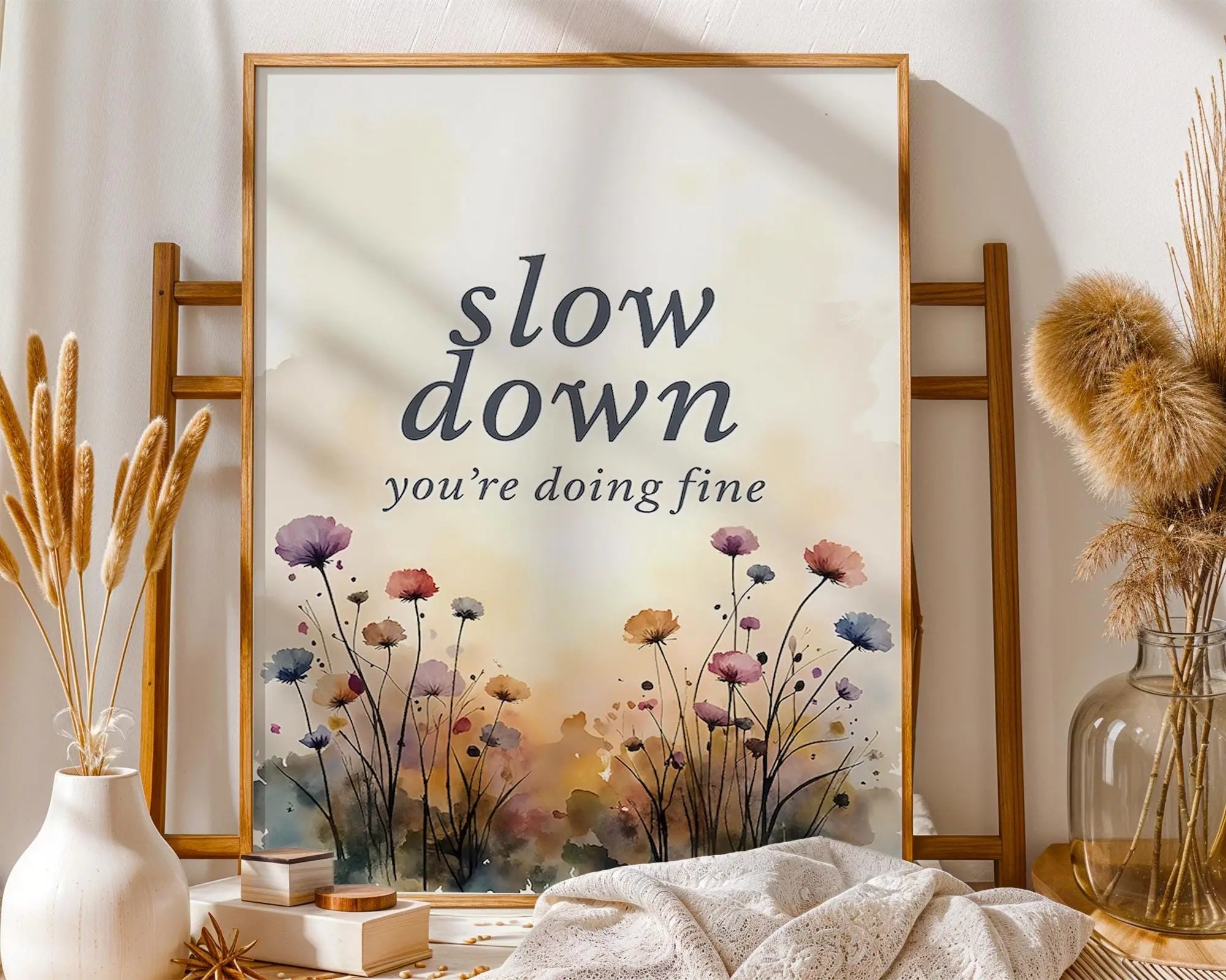 Positive Emotion | Slow Down You’re Doing Fine | Soft Floral Watercolour Encouragement Art wall art print, modern home decor, unframed artwork by Nomad & Nest