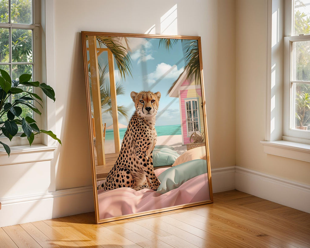Colourful Prints | Cheetah Beach Print | Tropical Animal Coastal Wall Art wall art print, modern home decor, unframed artwork by Nomad & Nest