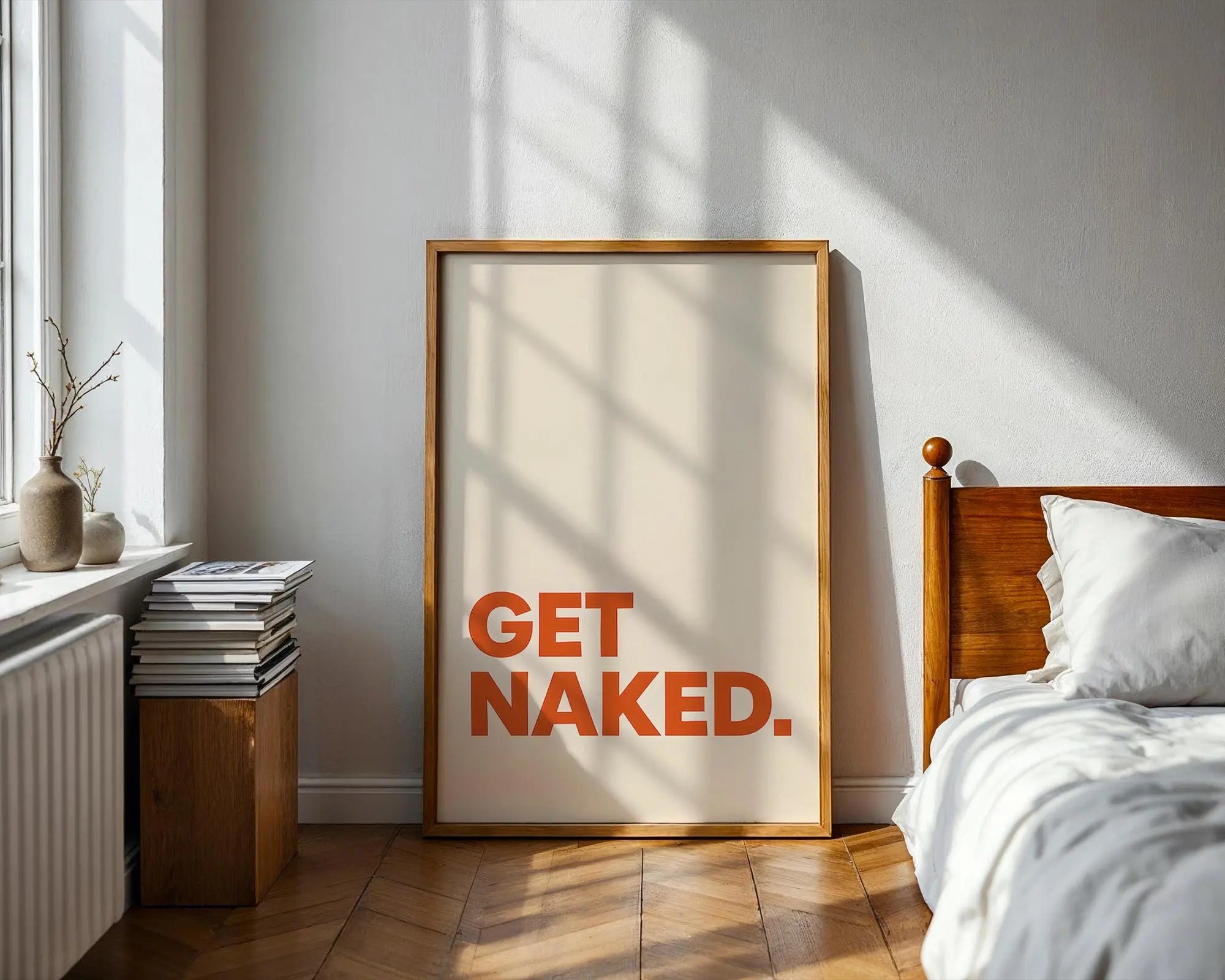 Positive Emotion | Get Naked Wall Art | Bold Modern Typography | Playful Bathroom Decor | Minimal Statement Poster wall art print, modern home decor, unframed artwork by Nomad & Nest