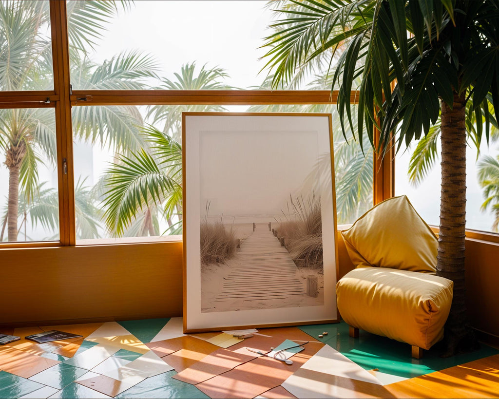 Colourful Prints | Sandy Beach Boardwalk Print | Neutral Coastal Home Decor wall art print, modern home decor, unframed artwork by Nomad & Nest
