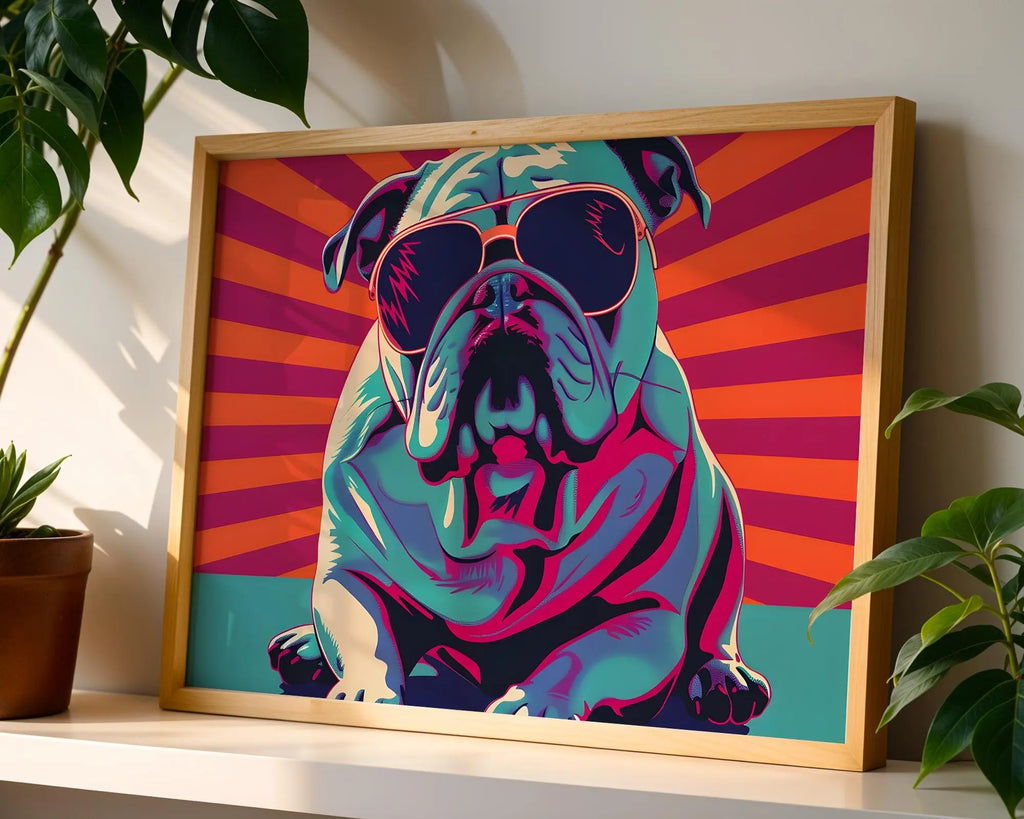 Modern Pop Art | Retro Bulldog  Print | Funky  Dog with Sunglasses wall art print, modern home decor, unframed artwork by Nomad & Nest