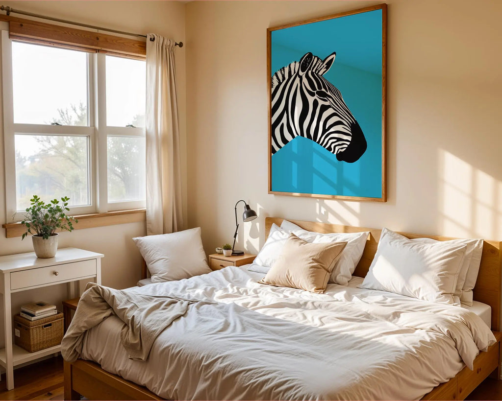 Zebra Pop Art Print | Bold Animal Illustration, Blue Background wall art print, modern home decor, unframed artwork by Nomad & Nest