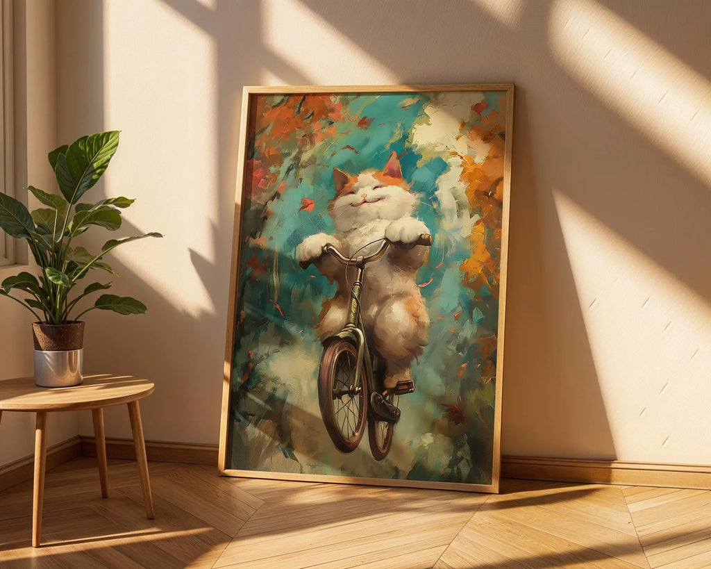 Cat on Bicycle Art Print | Whimsical Autumn Animal Poster wall art print, modern home decor, unframed artwork by Nomad & Nest