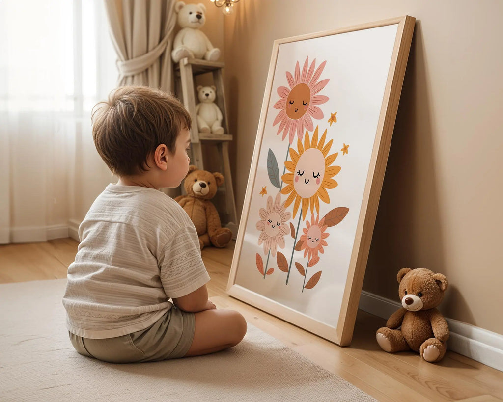 Playroom Ideas | Smiling Sunflower Nursery Art | Boho Floral Baby Print wall art print, modern home decor, unframed artwork by Nomad & Nest