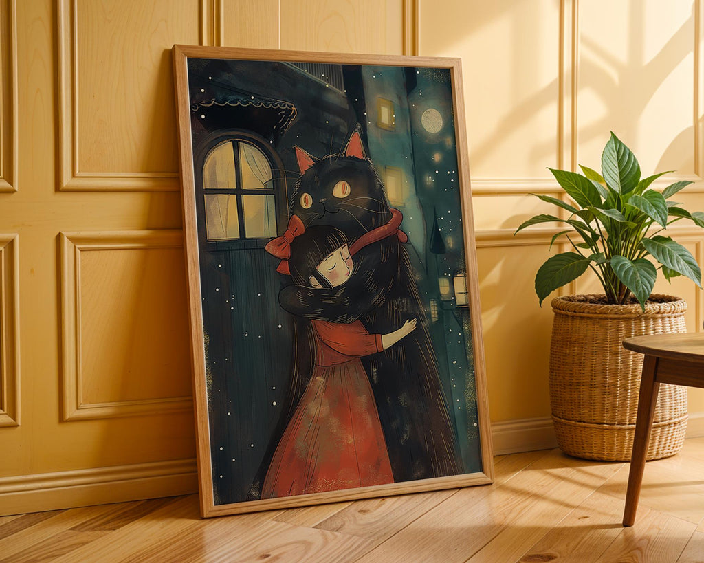 Girl and Black Cat Hug Print | Whimsical Bedroom Wall Art wall art print, modern home decor, unframed artwork by Nomad & Nest