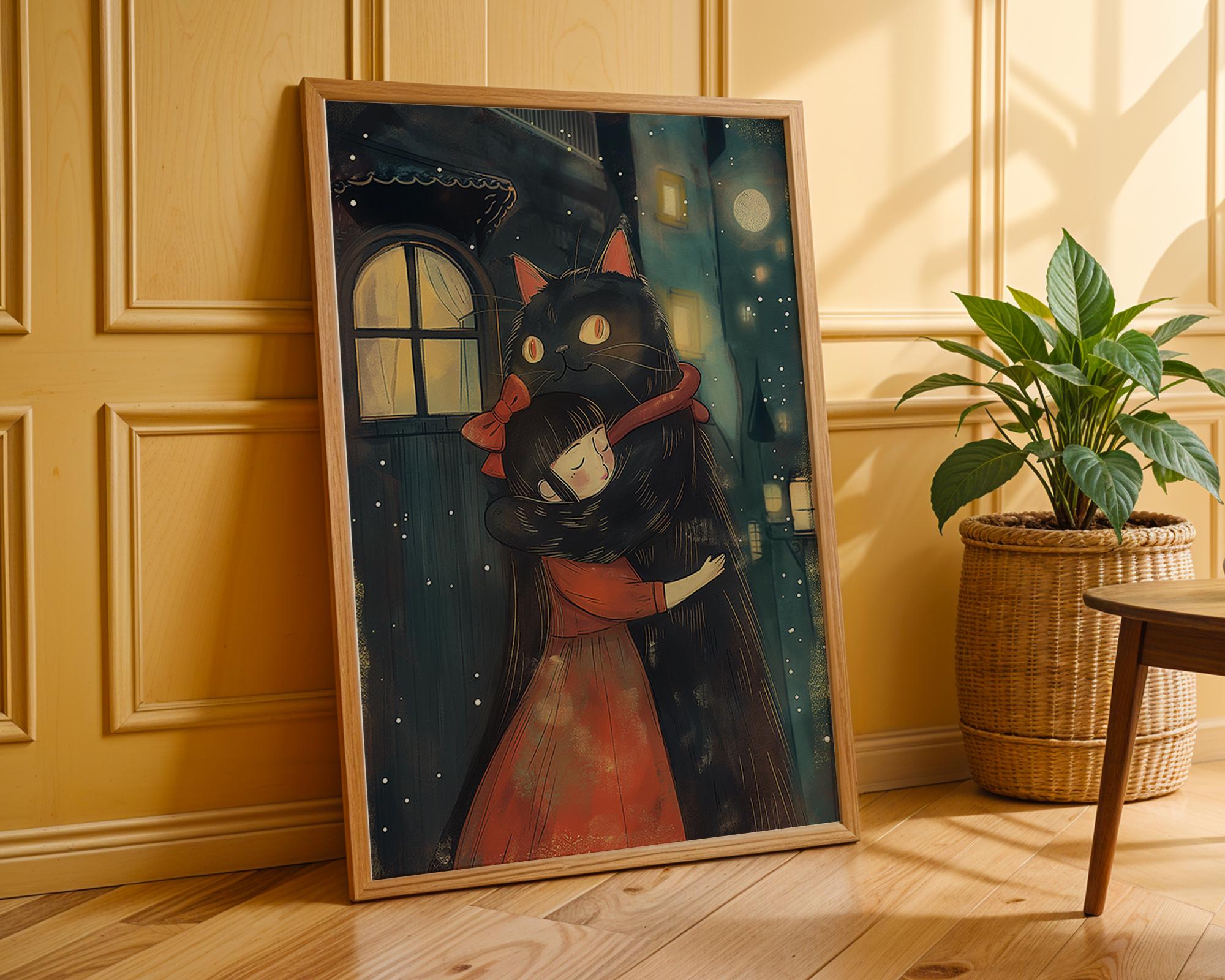 Girl and Black Cat Hug Print | Whimsical Bedroom Wall Art wall art print, modern home decor, unframed artwork by Nomad & Nest