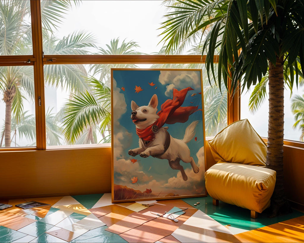 Whimsical Flying Dog Art Print | Red Scarf Pup Illustration wall art print, modern home decor, unframed artwork by Nomad & Nest