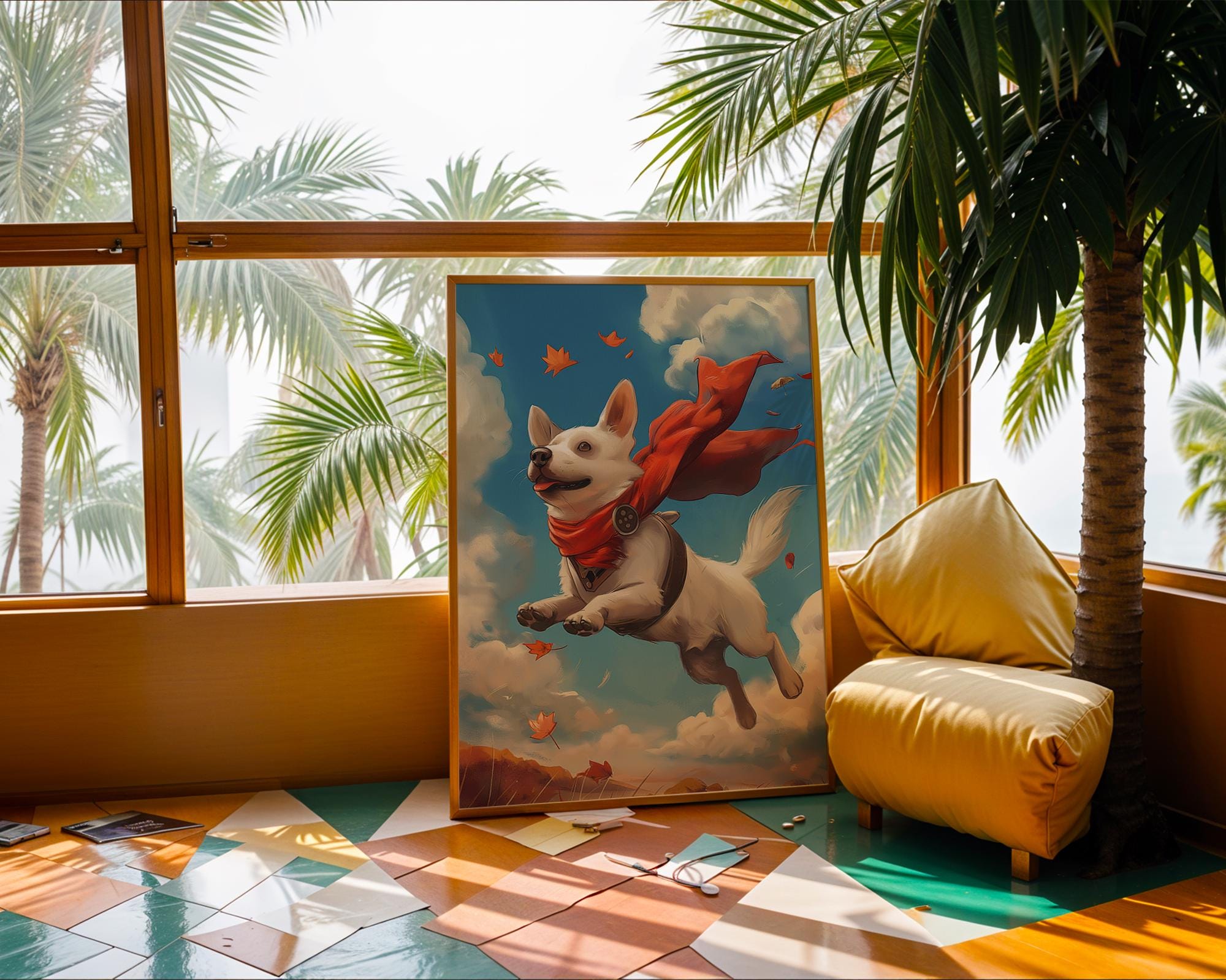 Whimsical Flying Dog Art Print | Red Scarf Pup Illustration wall art print, modern home decor, unframed artwork by Nomad & Nest