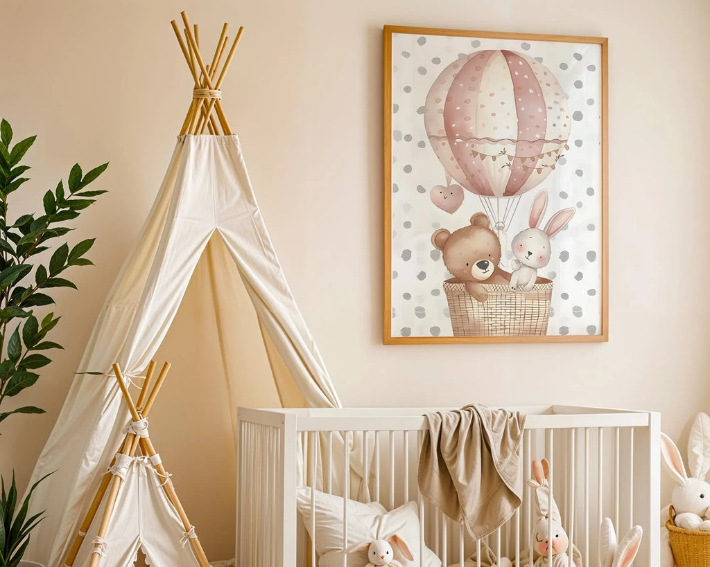 Playroom Ideas | Hot Air Balloon Nursery Art | Woodland Animal Baby Print wall art print, modern home decor, unframed artwork by Nomad & Nest
